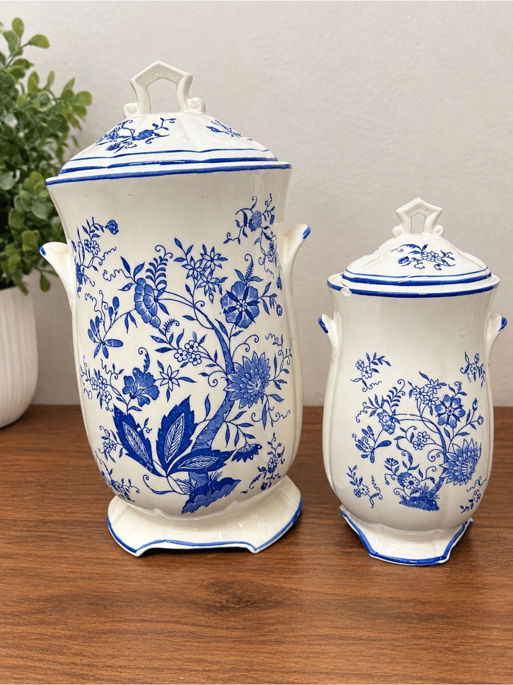 Vintage Gift Ideas Creation Blue White Nesting Canister Jars Set of 2